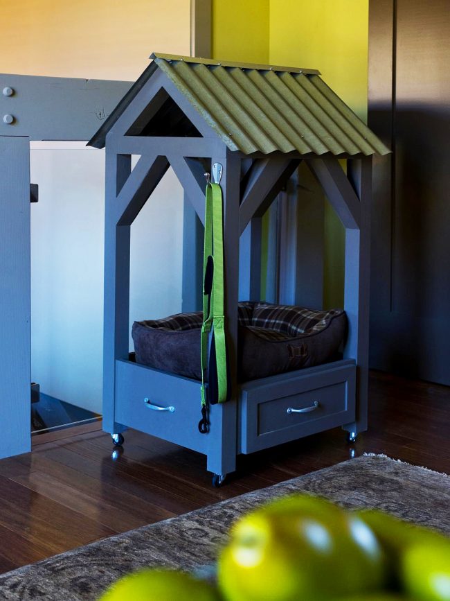 Home booth on casters with a drawer and a slate roof