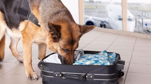 The dog is looking for an object in a suitcase